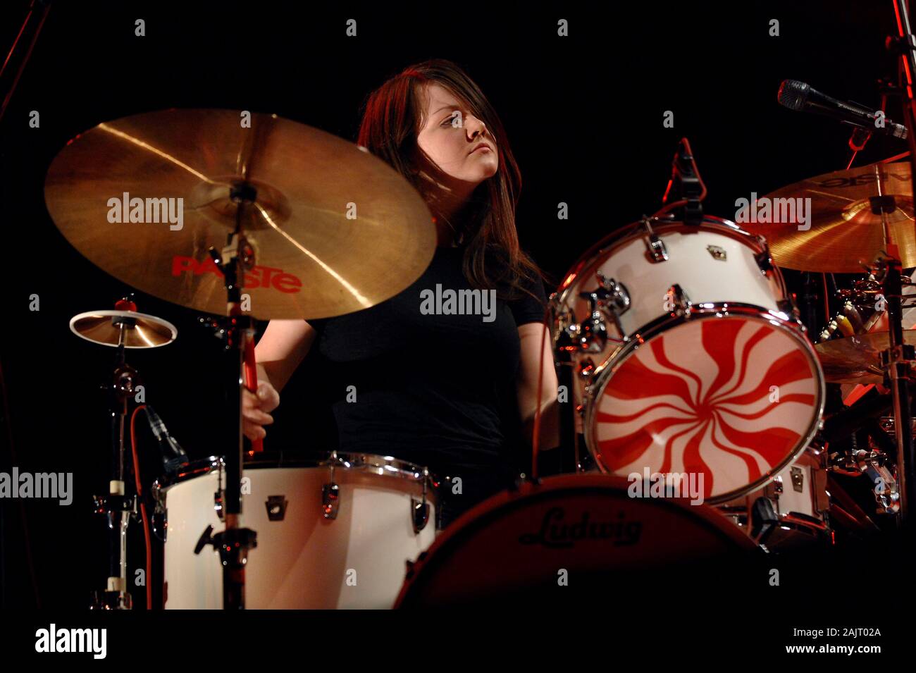 Milan Italy  07 June 2007,Live concert of The White Stripes at the Idorscalo: The  drummer of The White Stripes,Meg White,during the concert Stock Photo