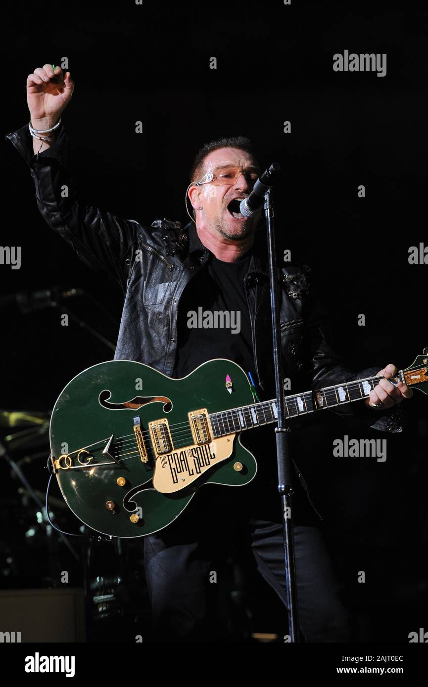 Milan Italy ,07 July 2009 ,Live concert of U2 at the Stadio Meazza San Siro : The singer and guitarist of U2 Bono during the concert Stock Photo