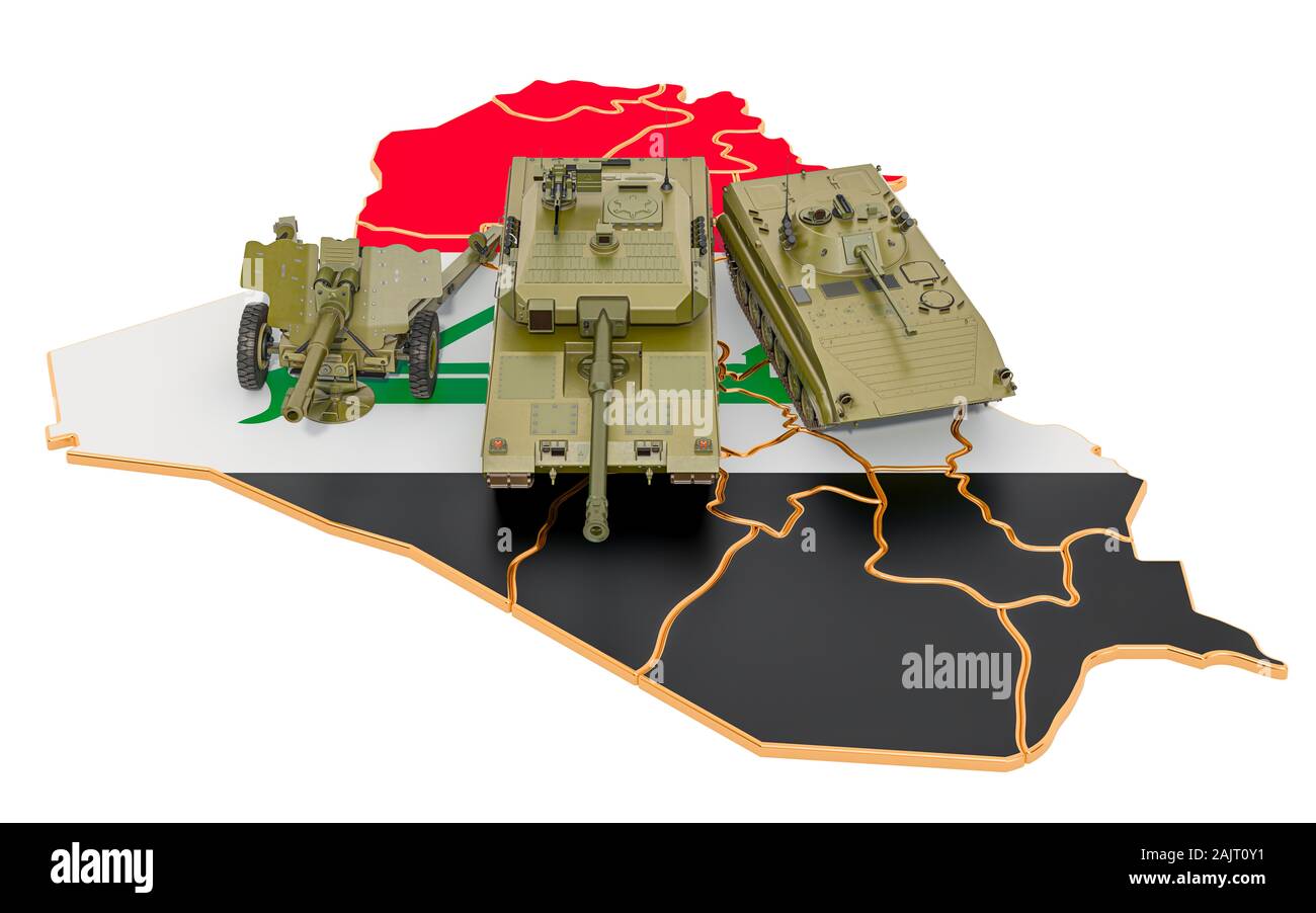 Combat vehicles on Iraqi map. Military defence of Iraq concept, 3D rendering isolated on white background Stock Photo