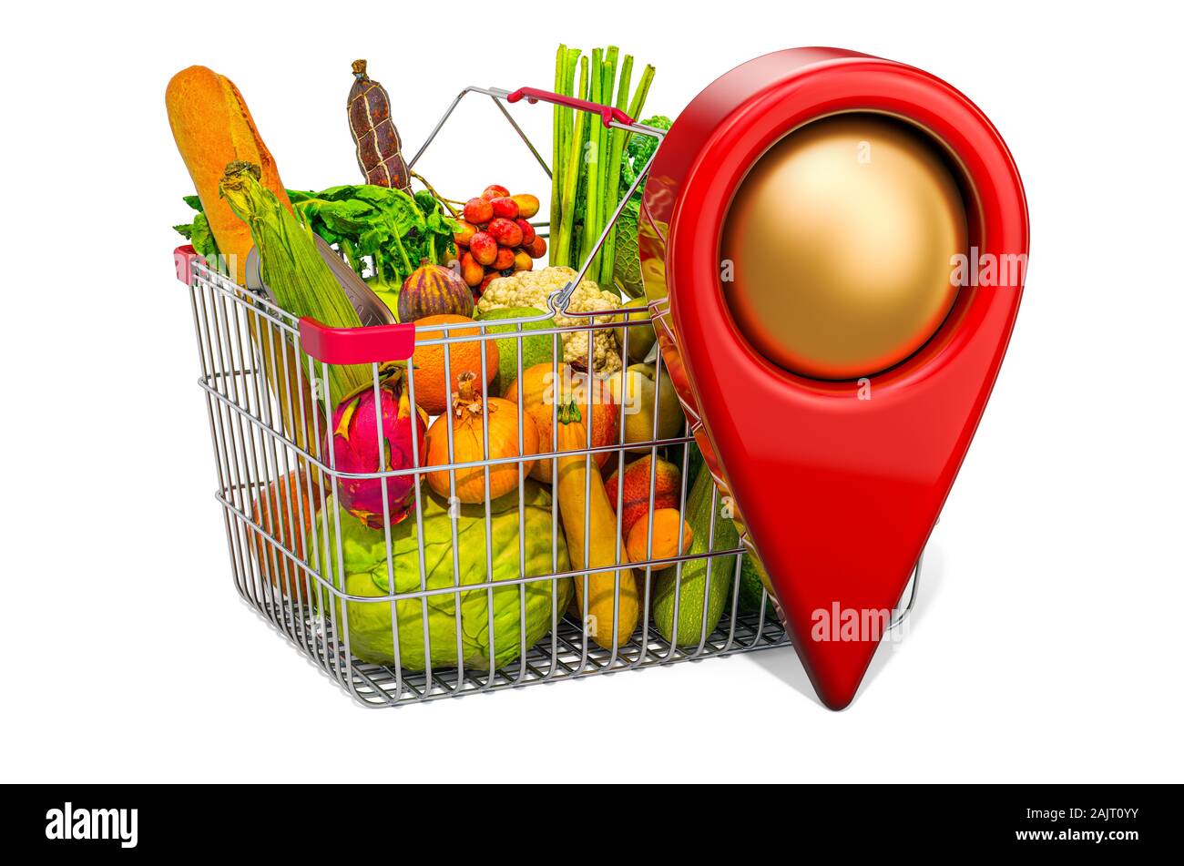 Shop Object Location Product Shop location concept. Map pointer with shopping basket full of ...