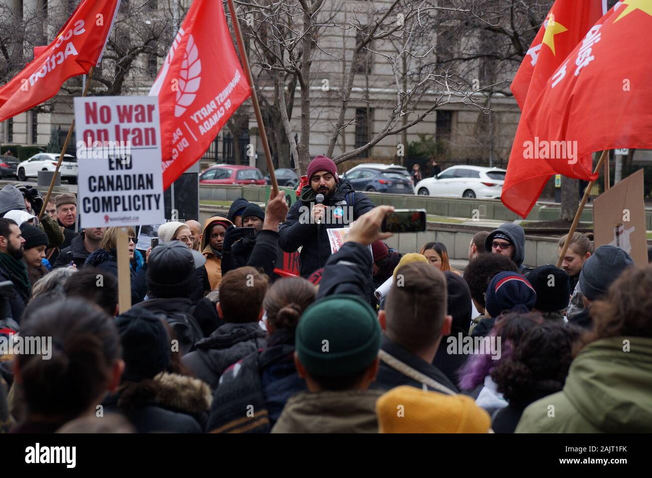 TORONTO, CANADA - 01 04 2020: Protesters against US President Donald Trump's ordering of the death of the Iranian general Qassem Soleimani at an anti Stock Photo