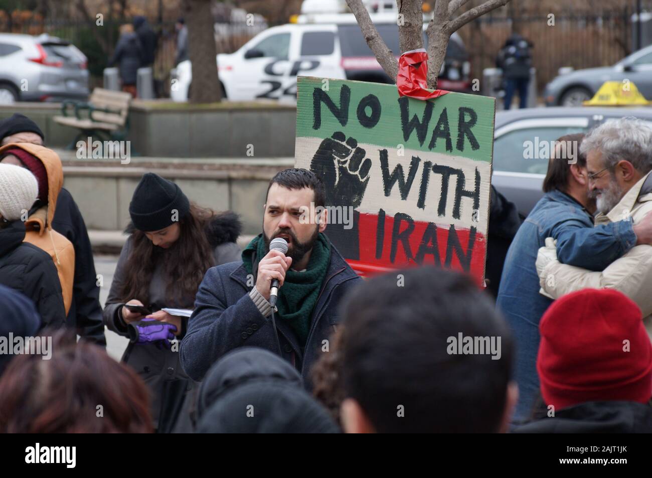 TORONTO, CANADA - 01 04 2020: Protesters against US President Donald Trump's ordering of the death of the Iranian general Qassem Soleimani at an anti Stock Photo