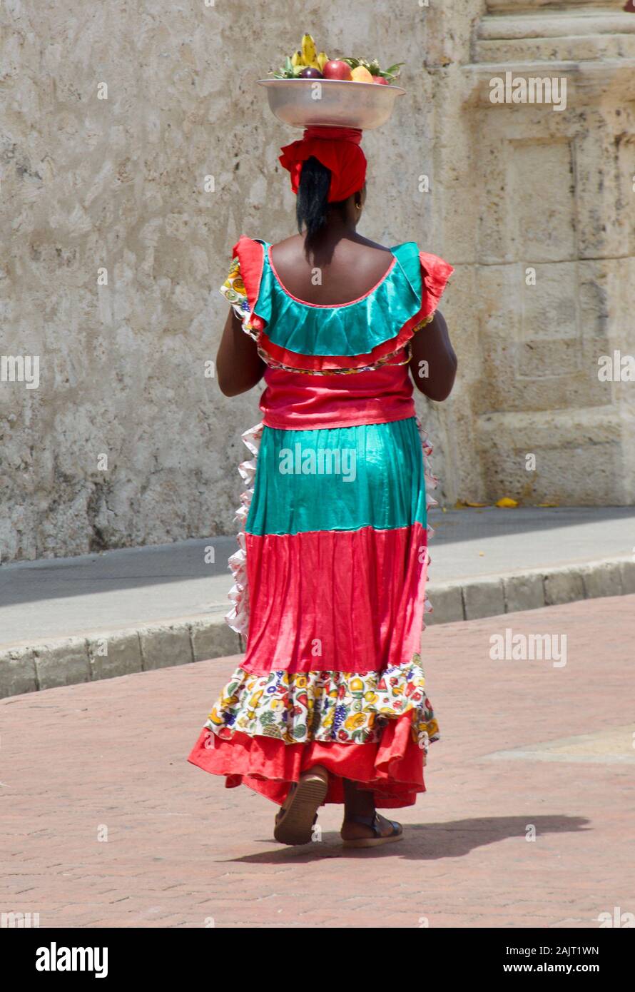 Fruit Seller with traditional costume. Palenquera in Cartagena, Colombia Stock Photo
