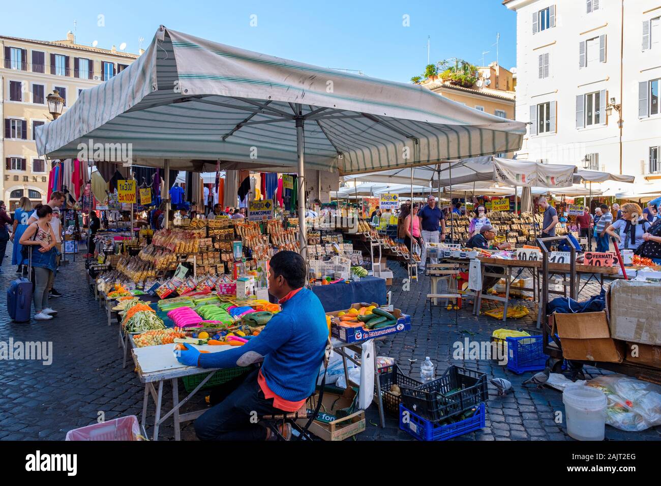 Public market food vendors, vendor stalls at Campo de' Fiori Market, Campo de Fiori Square, Rome, Italy Stock Photo