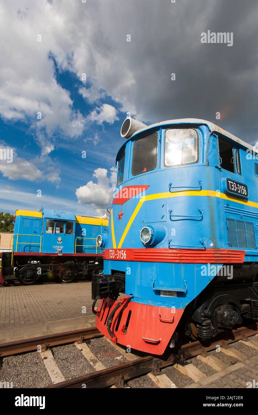Many types of trains, both steam and electric locomotives are on display at the Brest Railway Museum in Belarus Stock Photo