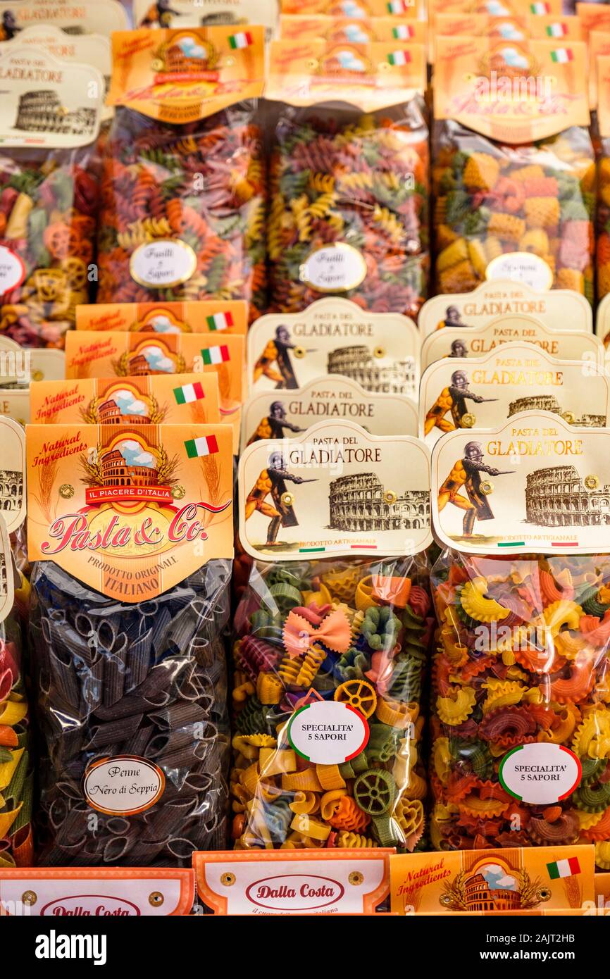 Italian products, variety of uncooked pasta for sale, market stall at Campo de Fiori Market, Campo dei Fiori, Rome, Italy Stock Photo