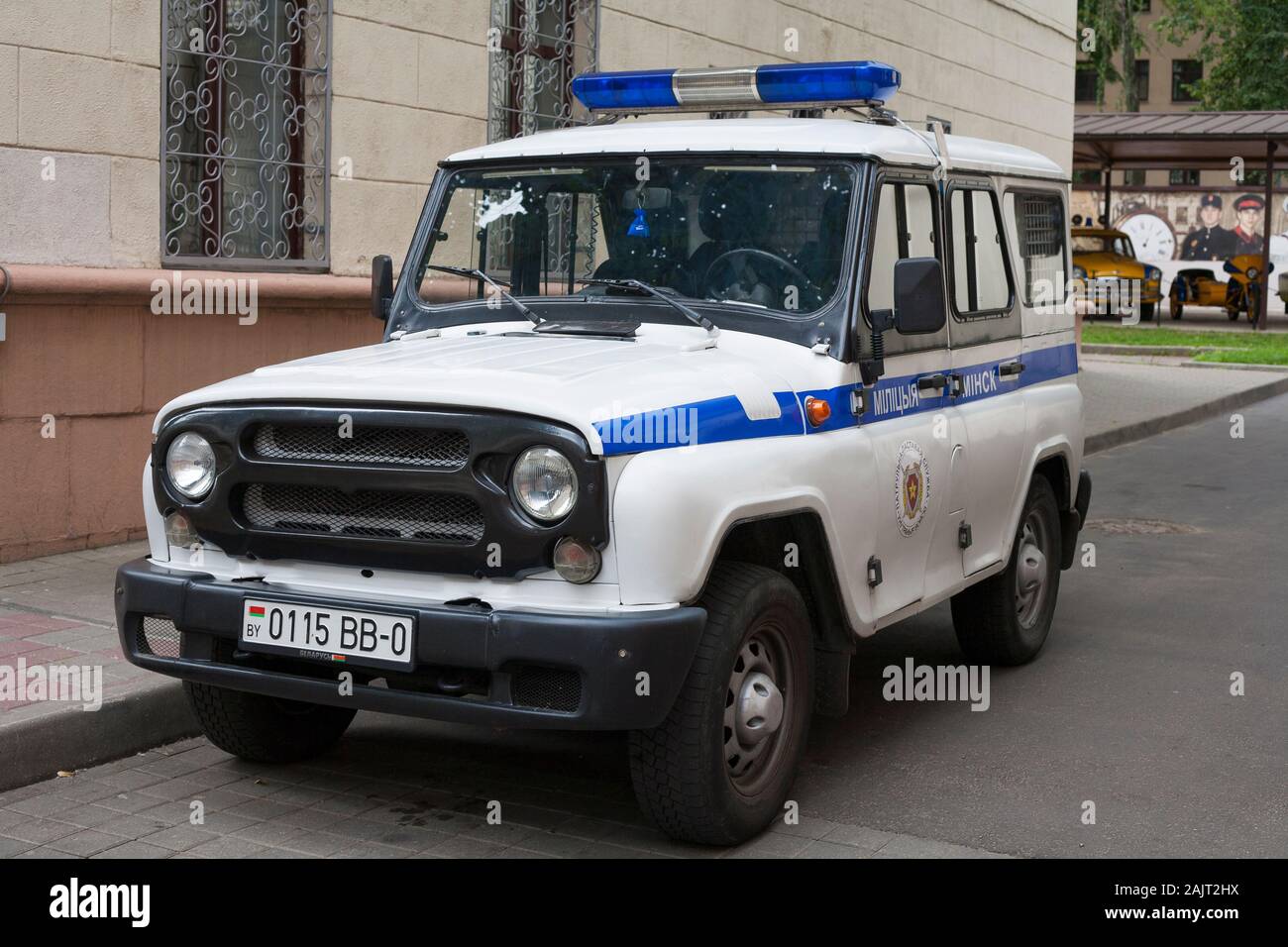 The Museum of Belarusian Police has a collection of old Belarusian police vehicles and is attached to the Ministry of Internal Affairs Stock Photo