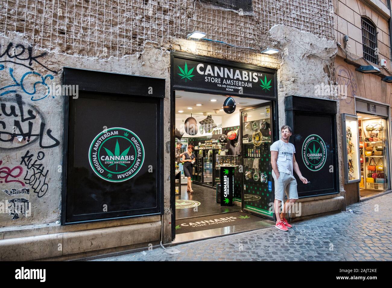 Cannabis Store Amsterdam facade, marijuana retail store at Via dei Giubbonari, Rome, Italy Stock Photo
