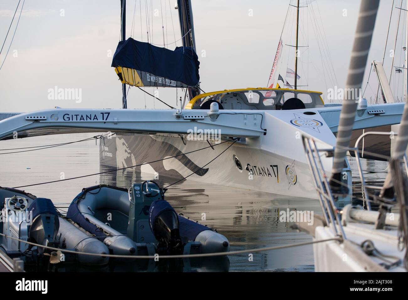 Gitana 17, a purpose built record breaking maxi multihull yacht at rest in its berth in Lorient, Western France. Sponsored by Edmond de Rothschild. Stock Photo