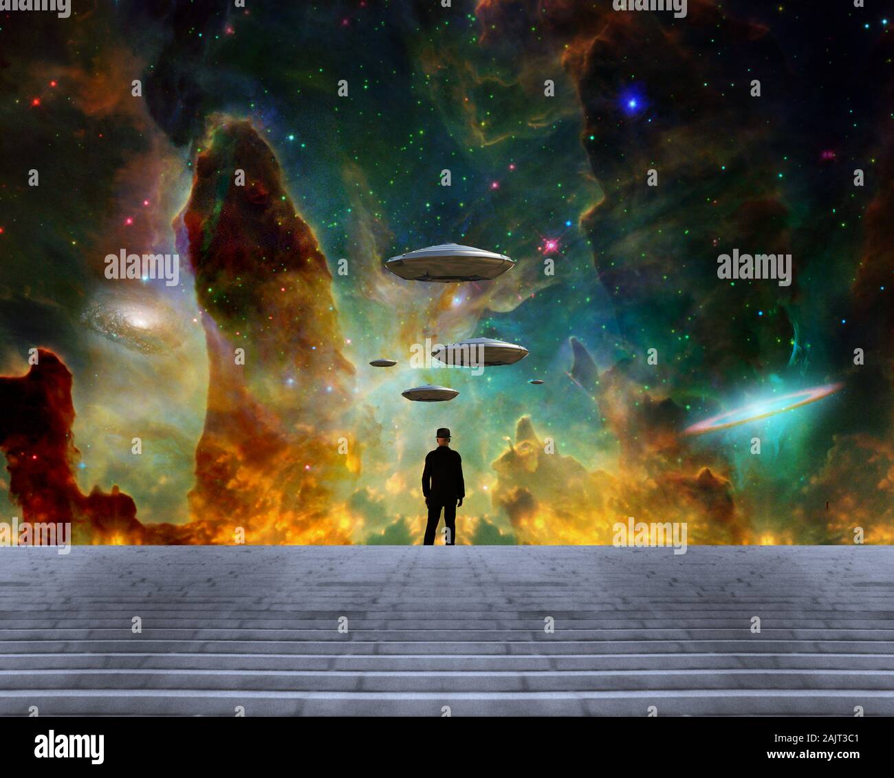 Man observes UFO fleet in vivid sky. Colorful nebula Stock Photo - Alamy