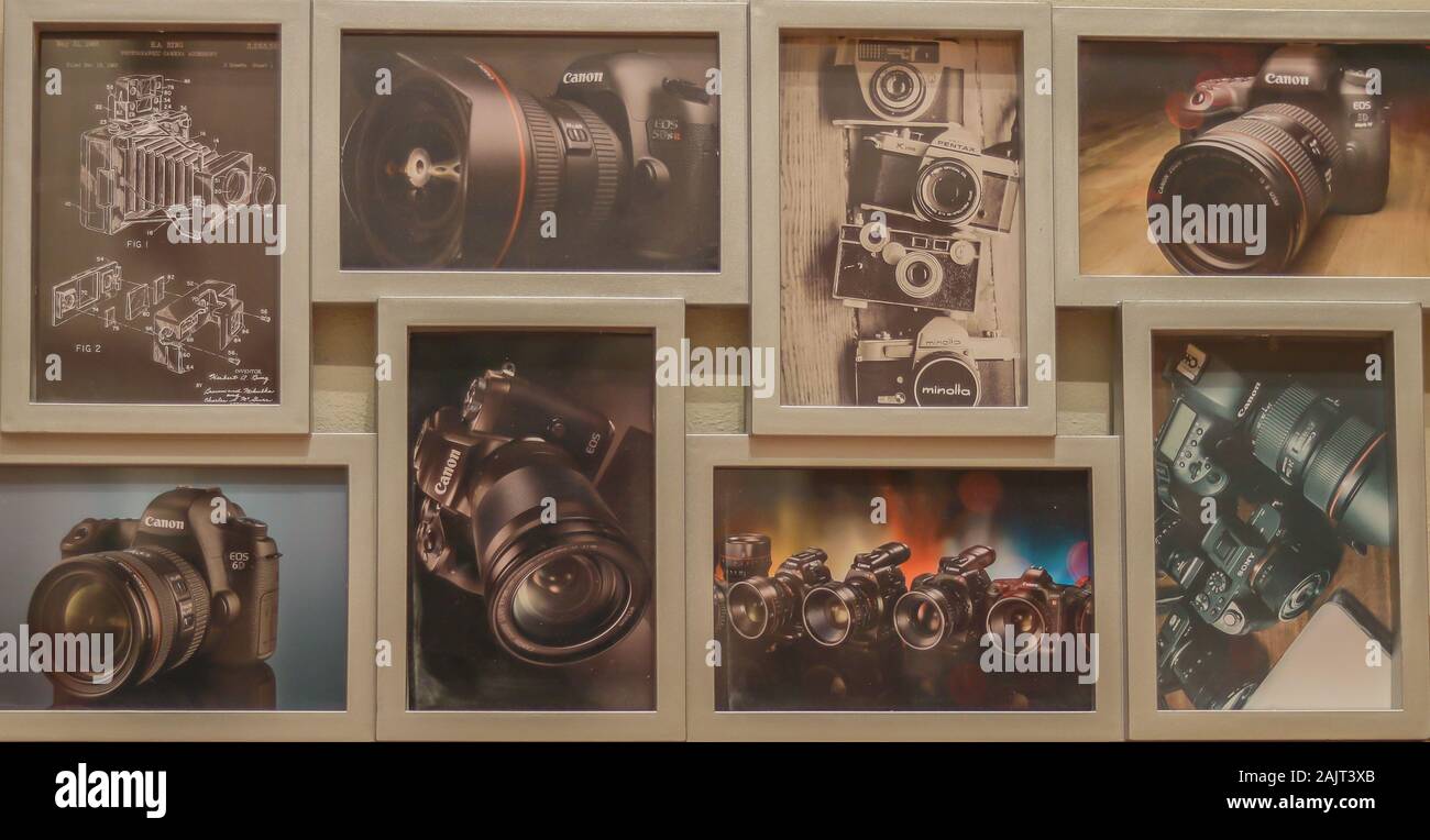 Old and new photo camera pictures in the frames Stock Photo