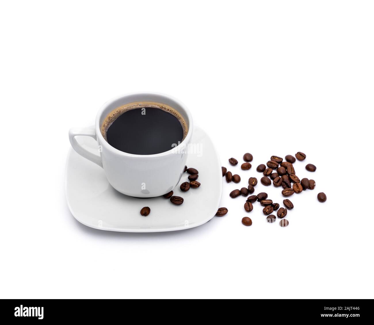 Black coffee and browns coffee beans on white background Stock Photo