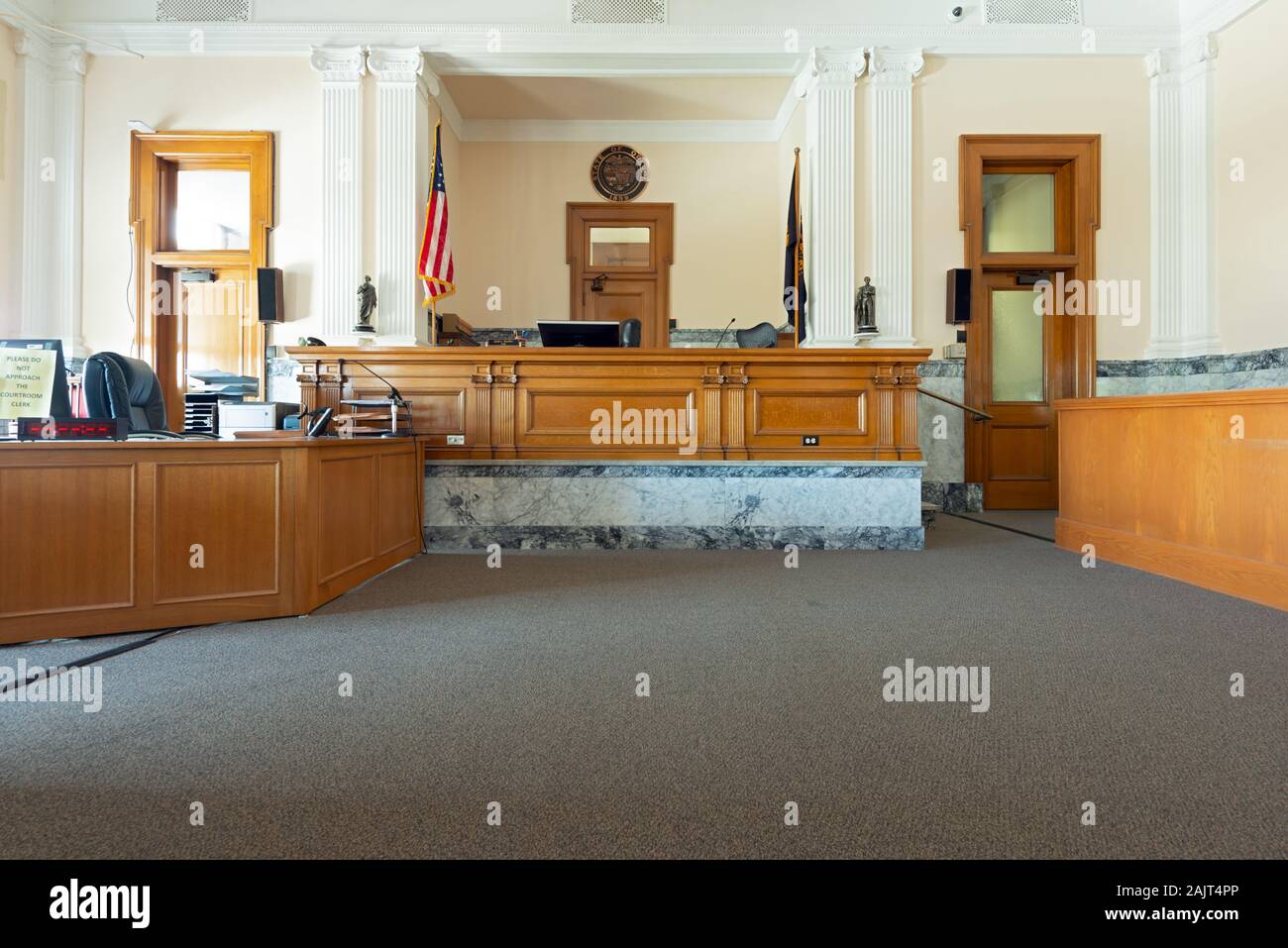 The Dalles, Oregon - April 22, 2016: The Bench in the Courtroom in the Wasco County Courthouse Stock Photo