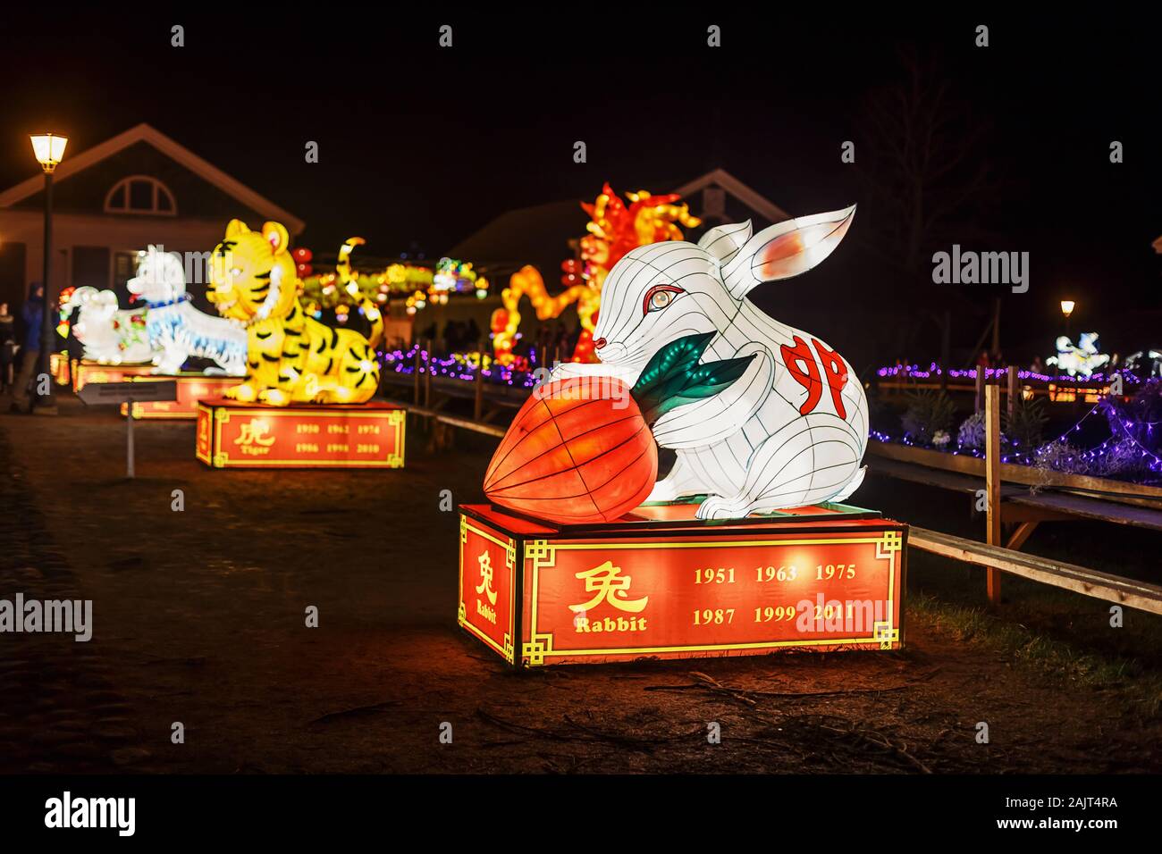 Giant Rabbit Lantern of China, zodiac symbol. Light festival in Pakruojis Manor, Lithuania Stock Photo