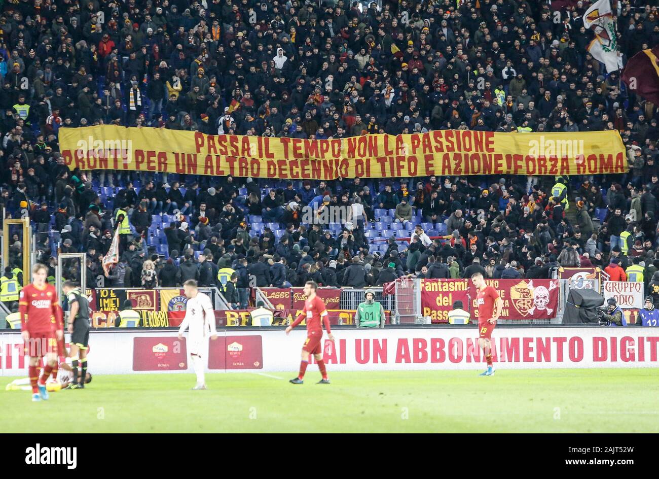 Rome, Italy, 5th January, 2020. Roma fans show a banner during the Serie A  soccer match between Roma and Torino at the Olympic Stadium. Credit  Riccardo De Luca - UPDATE IMAGES /