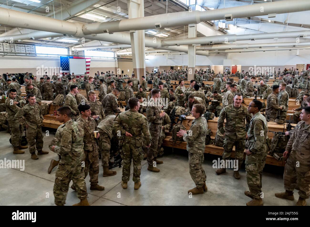 Pope Army Airfield, NC, USA. 5th Jan, 2020. Jan. 5, 2020 - POPE ARMY AIRFIELD, N.C., USA - U.S. Army paratroopers from the 1st Brigade Combat Team, 82nd Airborne Division, continue their deployment from Pope Army Airfield, North Carolina. The 'All American Division'' Immediate Response Force (IRF), based at Fort Bragg, N.C., mobilized for deployment to the U.S. Central Command area of operations in response to increased threat levels against U.S. personnel and facilities in the area. Today's deployment follows the Jan. 1 deployment of a division infantry battalion; the Jan. 2 U.S. drone Stock Photo