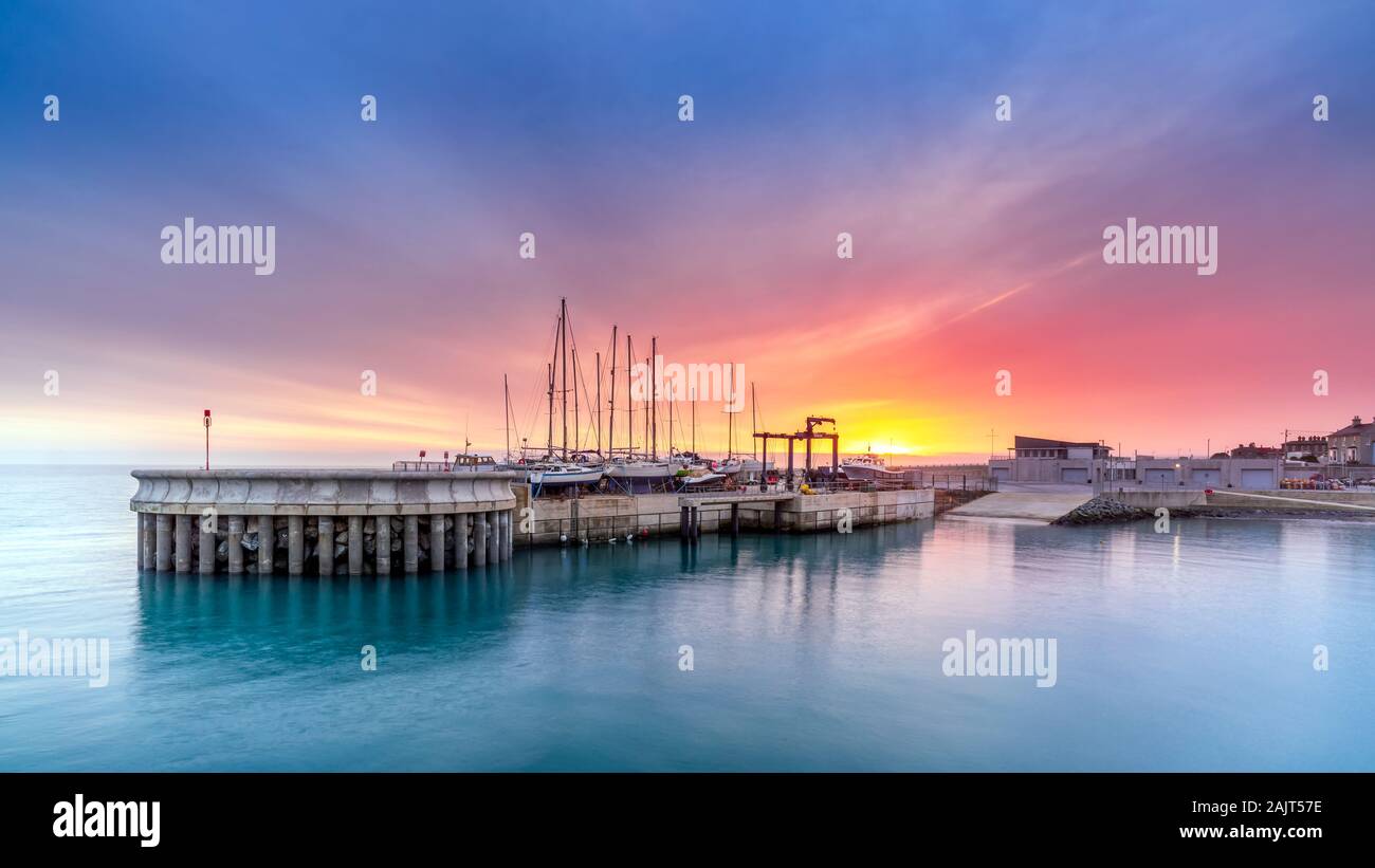 Amazing Sky On Sunrise At Greystones Yacht Marina Or Harbour With Boats 