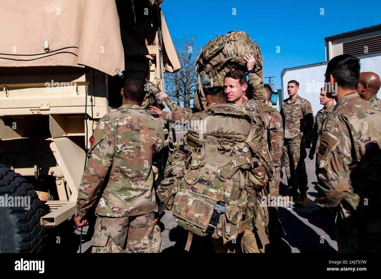 Pope Army Airfield, NC, USA. 5th Jan, 2020. Jan. 5, 2020 - POPE ARMY AIRFIELD, N.C., USA - U.S. Army paratroopers from the 1st Brigade Combat Team, 82nd Airborne Division, continue their deployment from Pope Army Airfield, North Carolina. The 'All American Division'' Immediate Response Force (IRF), based at Fort Bragg, N.C., mobilized for deployment to the U.S. Central Command area of operations in response to increased threat levels against U.S. personnel and facilities in the area. Today's deployment follows the Jan. 1 deployment of a division infantry battalion; the Jan. 2 U.S. drone Stock Photo