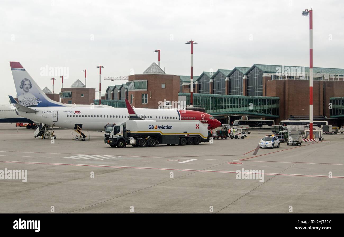 VENICE, ITALY - MAY 22, 2019:  The Norwegian Airlines Boeing 737 named Jenny Lind after the Swedish Opera singer parked at Marco Polo Airport in Venic Stock Photo