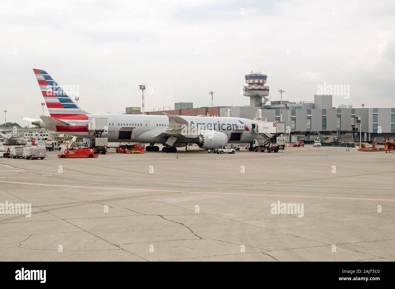 VENICE, ITALY - MAY 22, 2019:  American Airlines Boeing 787-8 Dreamliner parked at Marco Polo Airport, Venice, Italy. Stock Photo