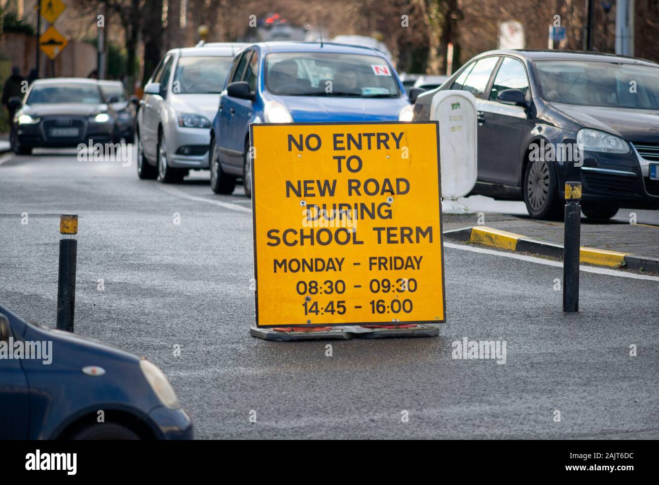 No entry during school term temporary yellow traffic sign on the New
