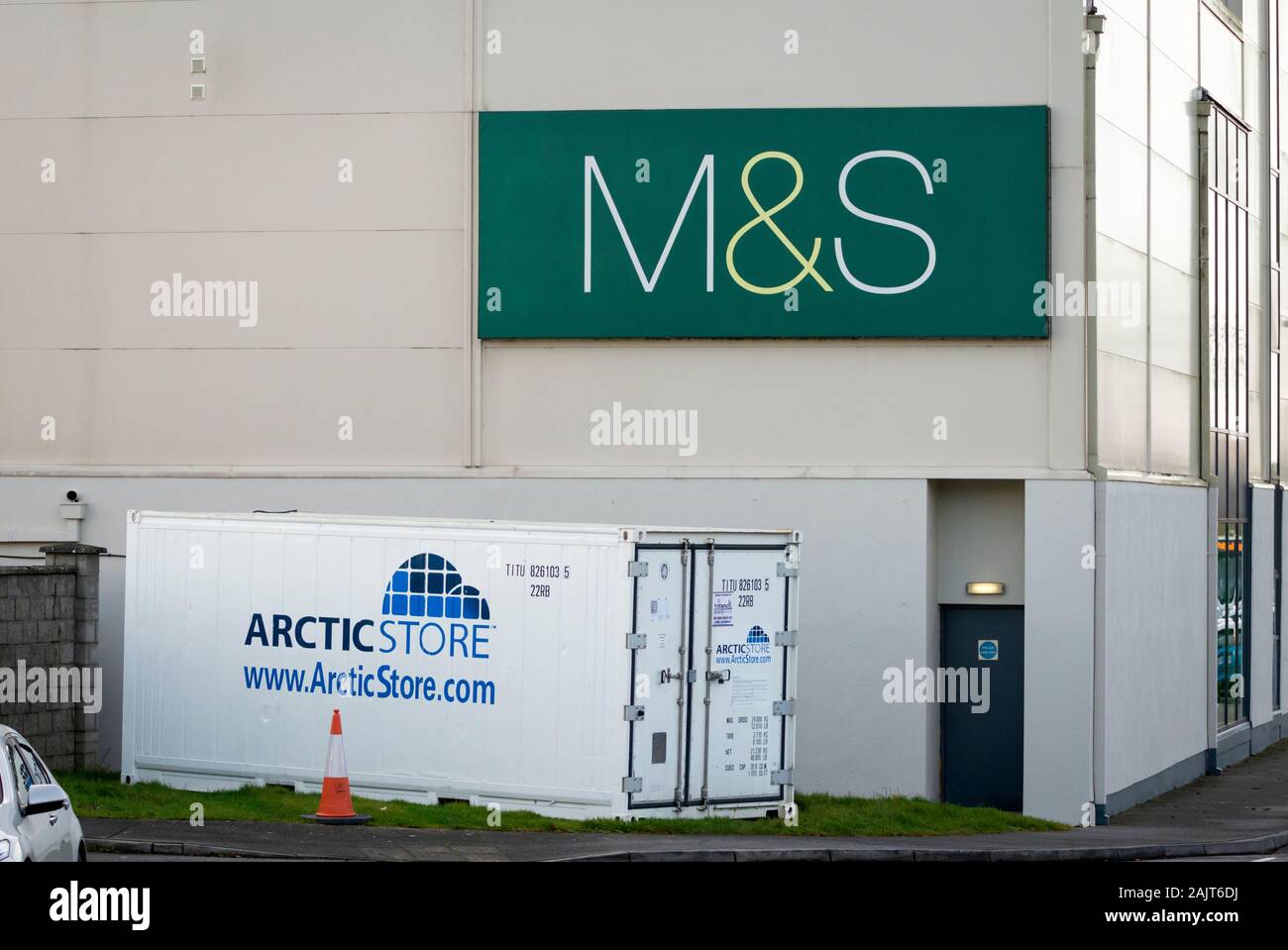 ArcticStore portable refrigerated container as additional food storage solution at M&S store backyard, DeerPark shopping centre, Killarney,  Ireland Stock Photo