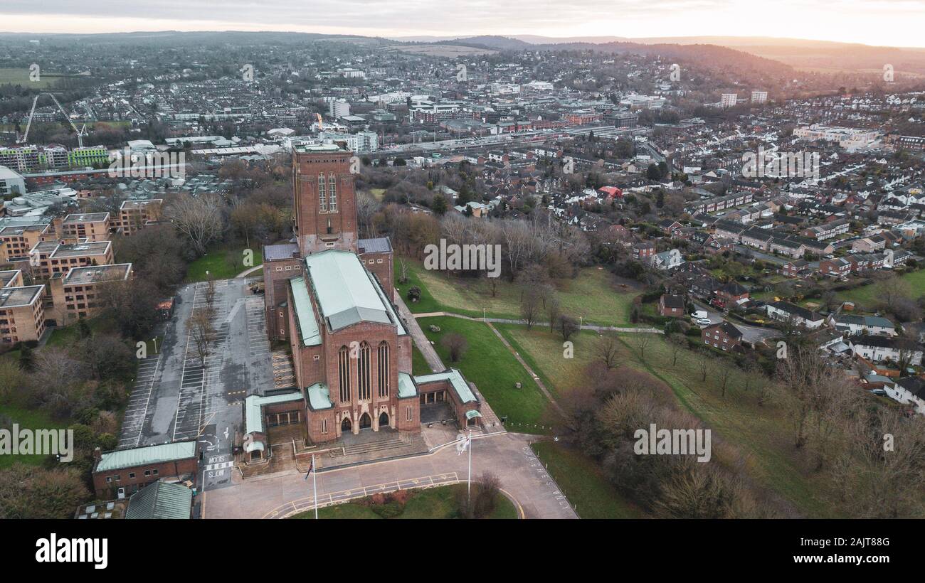 Aerial Photo of Guildford Cathedral in Guildford, Surrey, England Stock