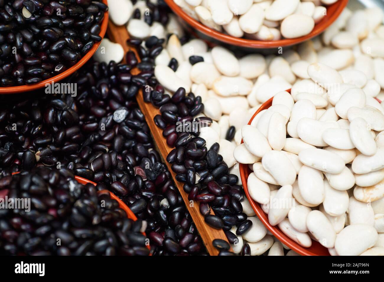 Black and white dried beans for sale at Gwangjang Market in Seoul, South Korea. Stock Photo
