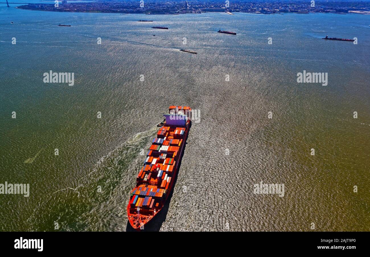 Aerial View On Container Ship And Verrazano Narrows Bridge Over Narrows ...