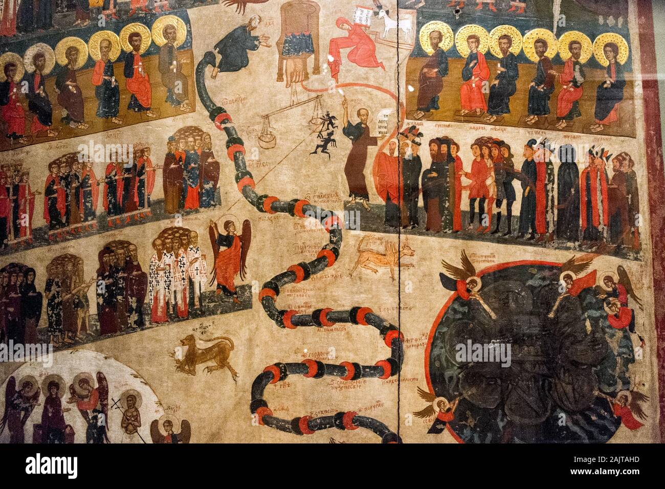 Two panels from an exhibit on Orthodox art in the Old Polish Republic, Bishop's Palace, Kraków, Poland.  Panels show judgement in the afterlife. Stock Photo