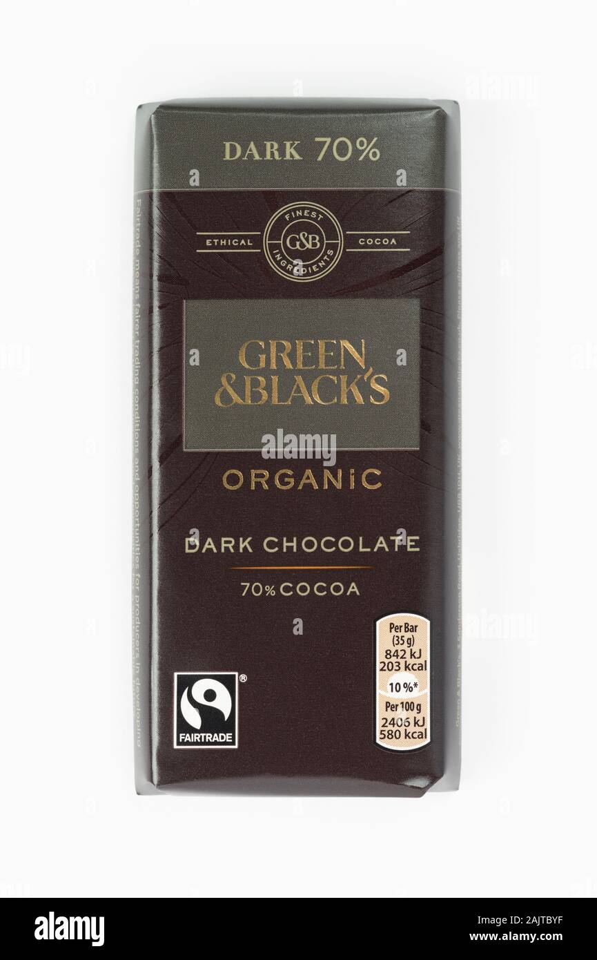 A bar of Green and Black's dark chocolate shot on a white background. Stock Photo