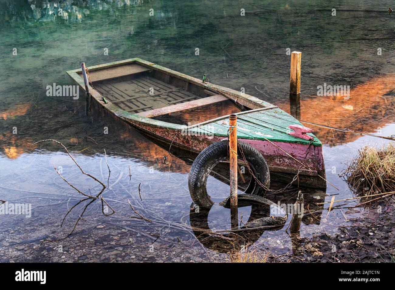 Old Sunken Wooden Fishing Boat In River. Belarusian Nature Stock Photo by  Great_bru