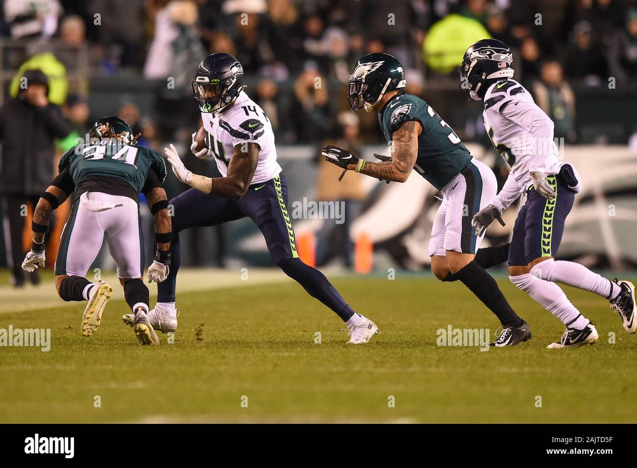 JAN 05, 2020 : Seattle Seahawks wide receiver D.K. Metcalf (14) rushes after a pass during the NFC wild card matchup between the Seattle Seahawks and the Philadelphia Eagles at Lincoln Financial Field in Philadelphia, PA. Stock Photo