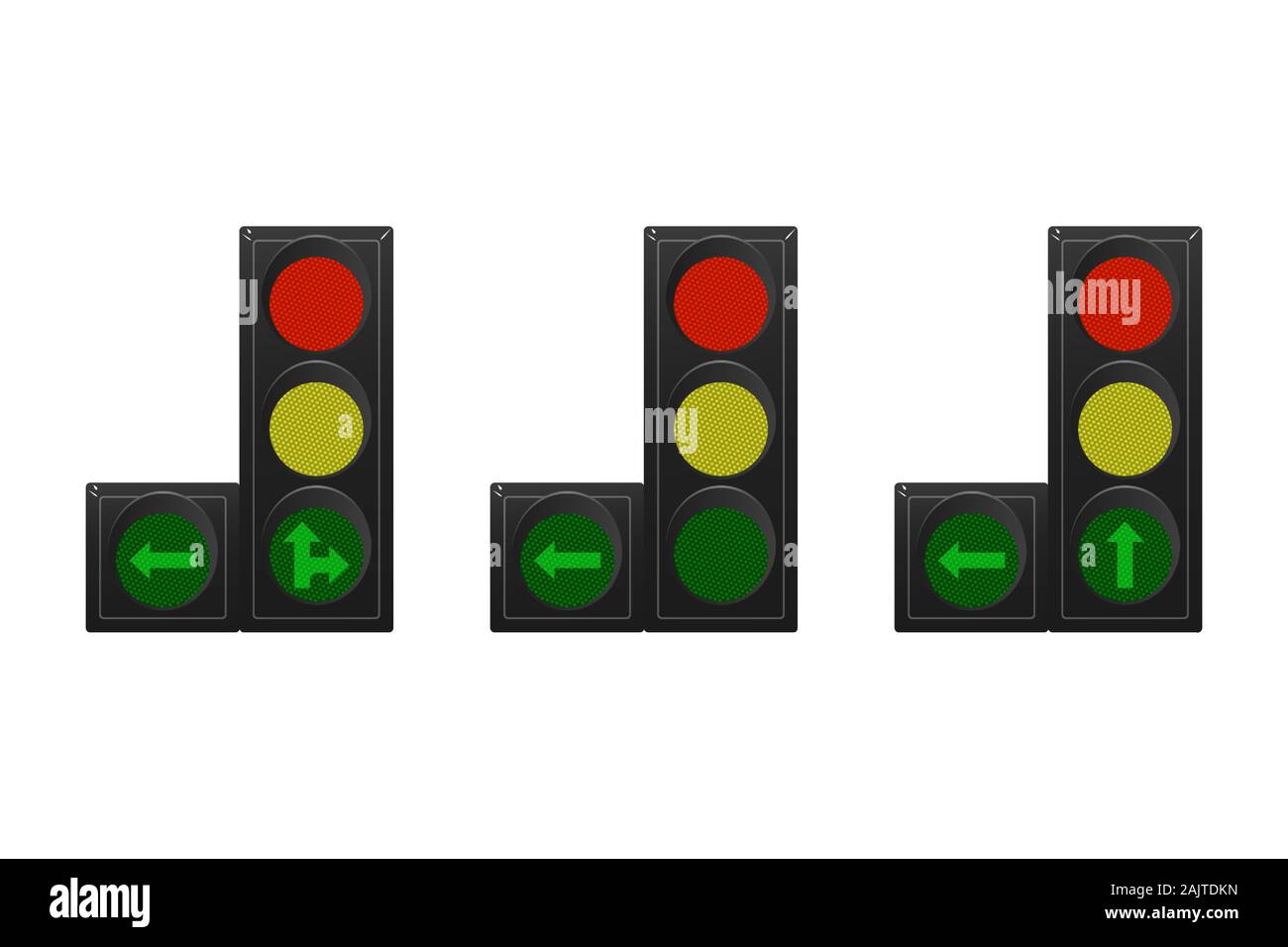 Set of traffic lights. Red, yellow and green. Arrow straight, turn