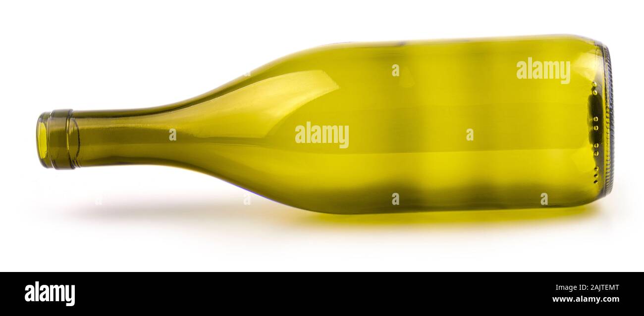 The Empty glass bottle lying on its side, isolated over white background Stock Photo