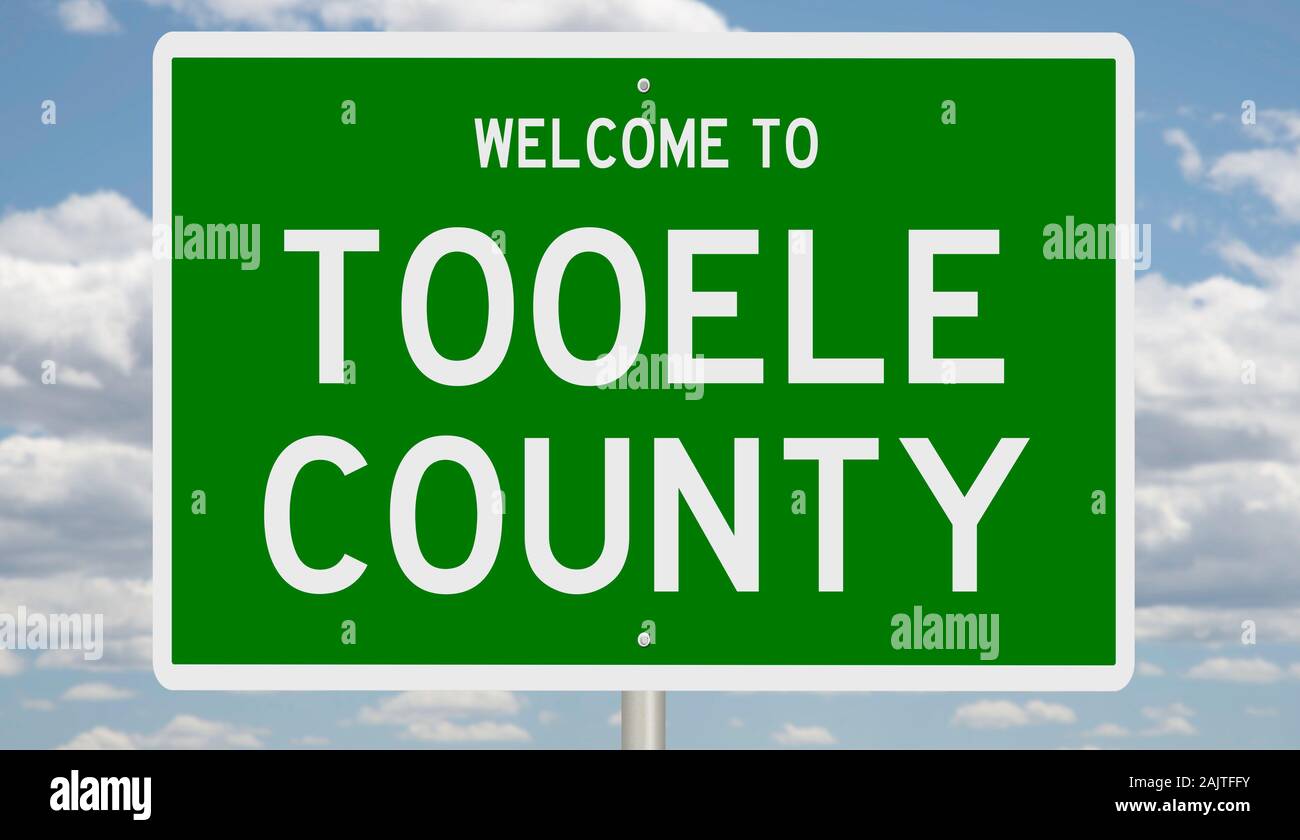 Rendering of a green 3d highway sign for Tooele County Stock Photo