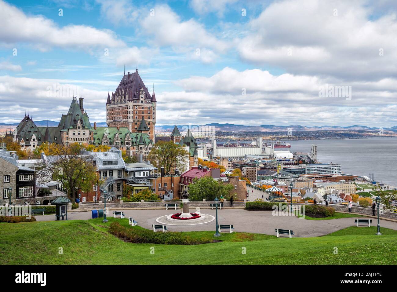 Frontenac Castle in Old Quebec City during daytime in autumn season, Quebec, Canada. Stock Photo