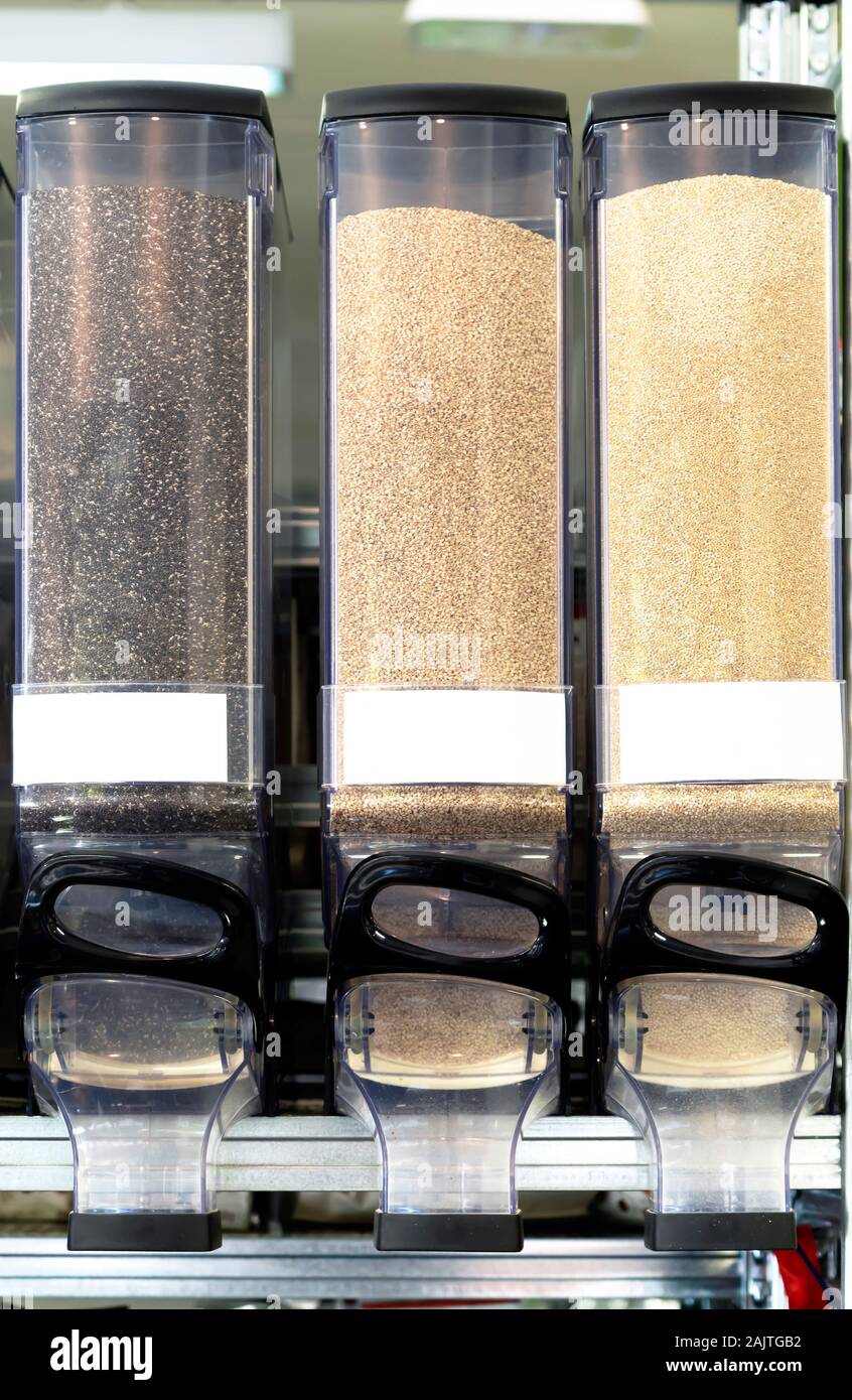 Dispensers for cereals. Ecofriendly zero waste shop. Healthy bio