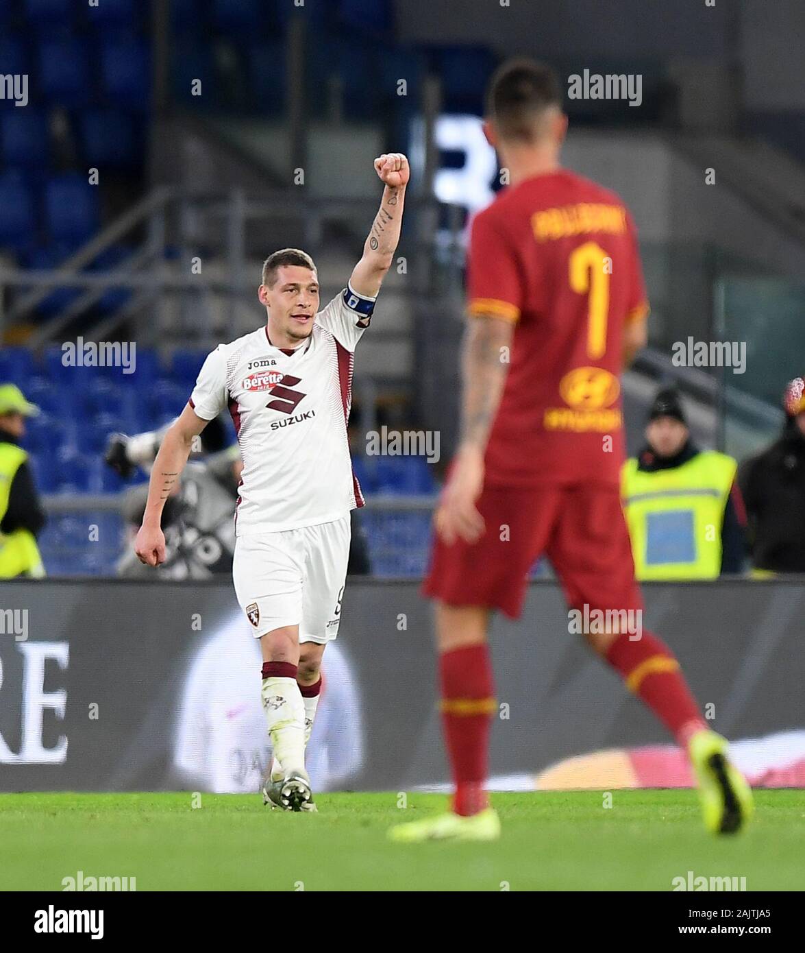 Rome, Italy. 5th Jan, 2020. Torino's Andrea Belotti (L) celebrates during a Serie A soccer match between Roma and Torino in Rome, Italy, Jan. 5, 2020. Credit: Alberto Lingria/Xinhua/Alamy Live News Stock Photo