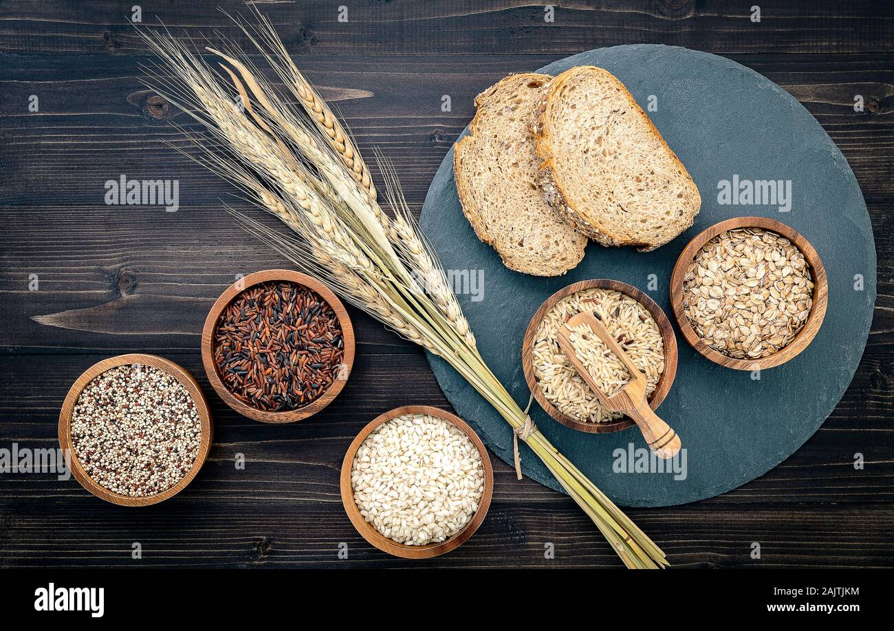 Various natural organic cereal and whole grains seed in wooden bowl for