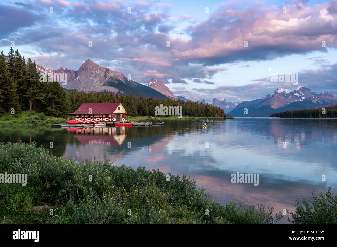 Maligne Lake at sunset, Jasper National Park, Alberta, Canada. Stock Photo