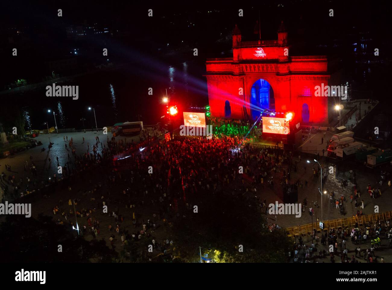 Illuminated indian gate for new year eve with crowd of people, mumbai, maharashtra, south india Stock Photo