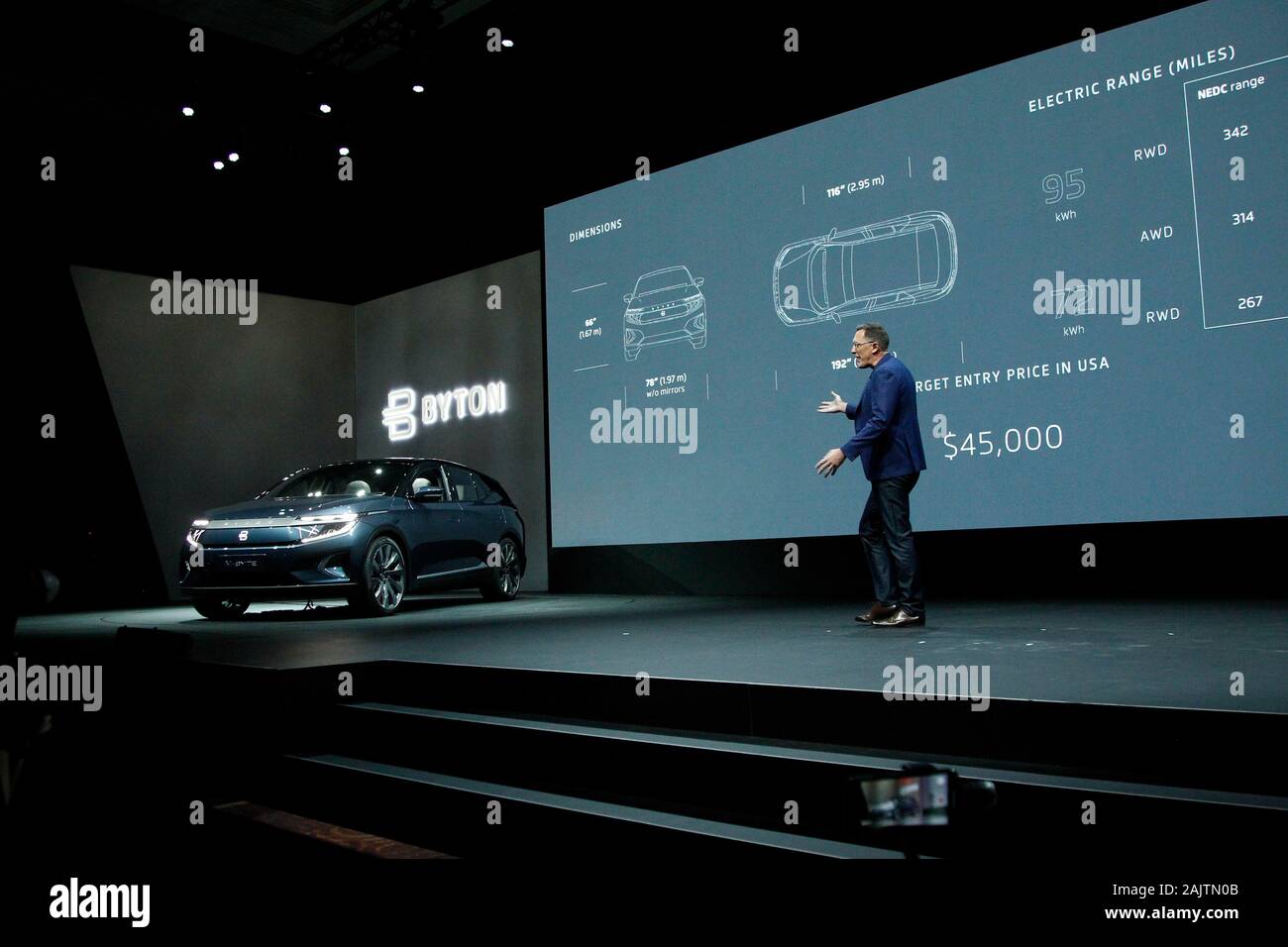 Las Vegas, United States. 05th Jan, 2020. The new production model M-Byte electric smart car by BYTON is unvielded on stage during a press conference at the 2020 International CES, at the Mandalay Bay Convention Center in Las Vegas, Nevada on Sunday, January 5, 2020. Photo by James Atoa/UPI Credit: UPI/Alamy Live News Stock Photo