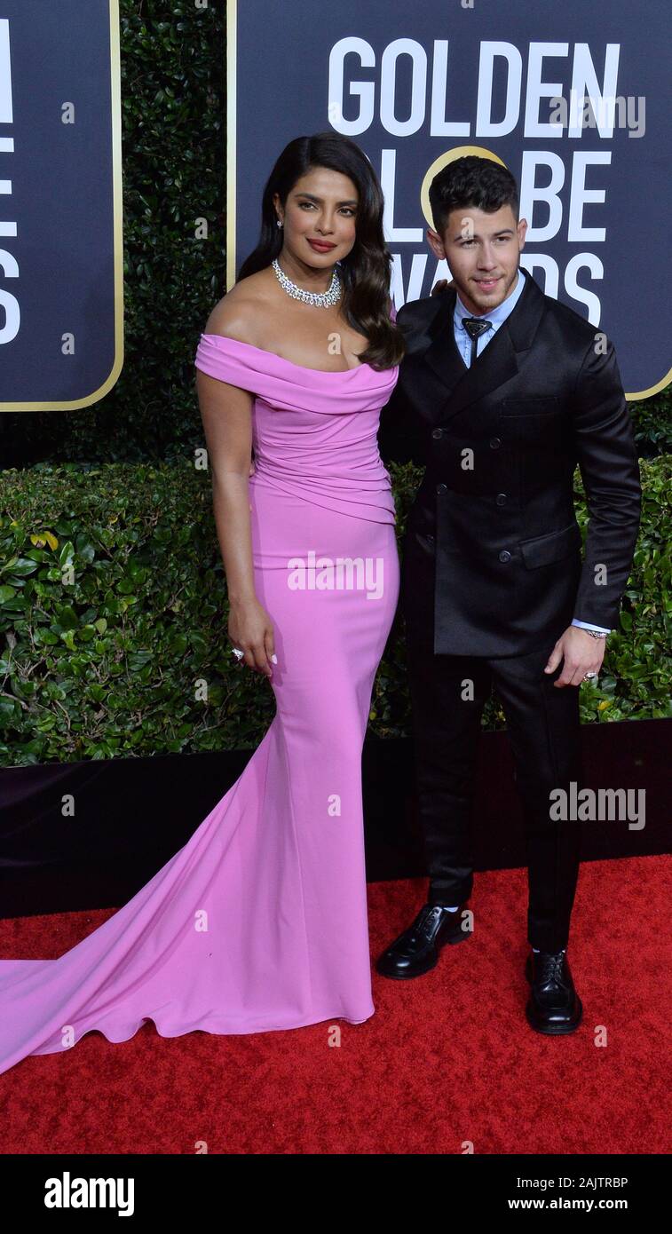 Beverly Hills, United States. 05th Jan, 2020. Priyanka Chopra Jonas (L) and Nick Jonas attend the 77th annual Golden Globe Awards, honoring the best in film and American television of 2020 at the Beverly Hilton Hotel in Beverly Hills, California on Sunday, January 5, 2020. Photo by Jim Ruymen/UPI Credit: UPI/Alamy Live News Stock Photo