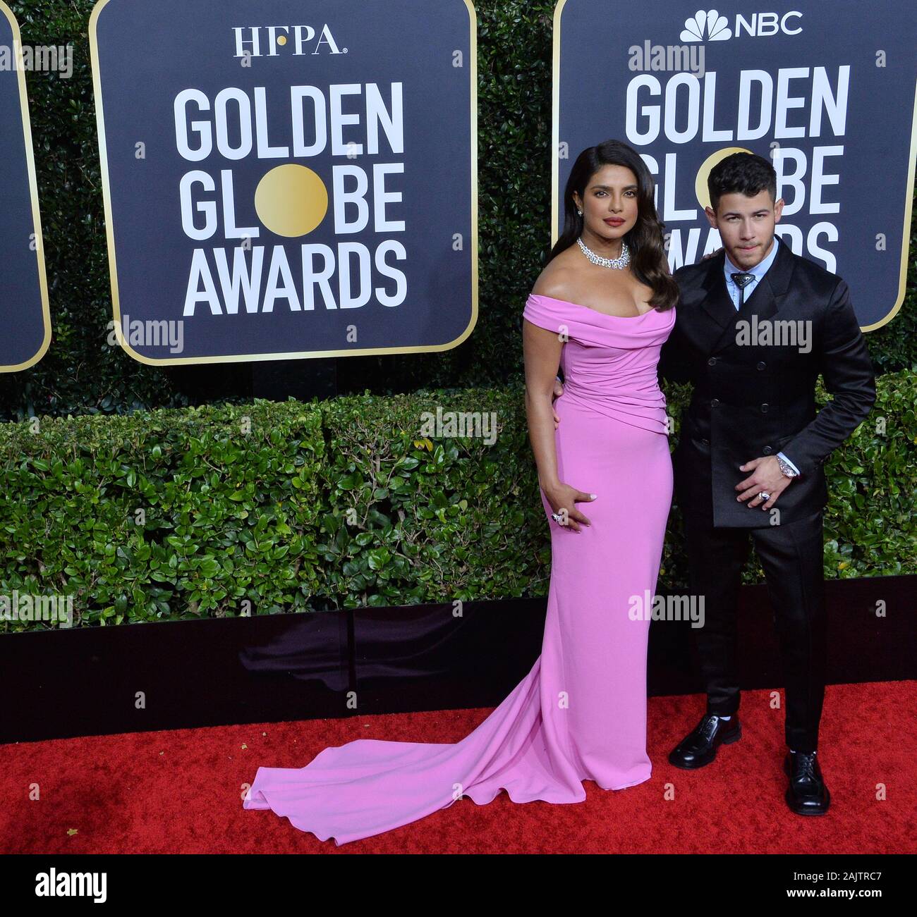 Beverly Hills, United States. 05th Jan, 2020. Priyanka Chopra Jonas (L) and Nick Jonas attend the 77th annual Golden Globe Awards, honoring the best in film and American television of 2020 at the Beverly Hilton Hotel in Beverly Hills, California on Sunday, January 5, 2020. Photo by Jim Ruymen/UPI Credit: UPI/Alamy Live News Stock Photo