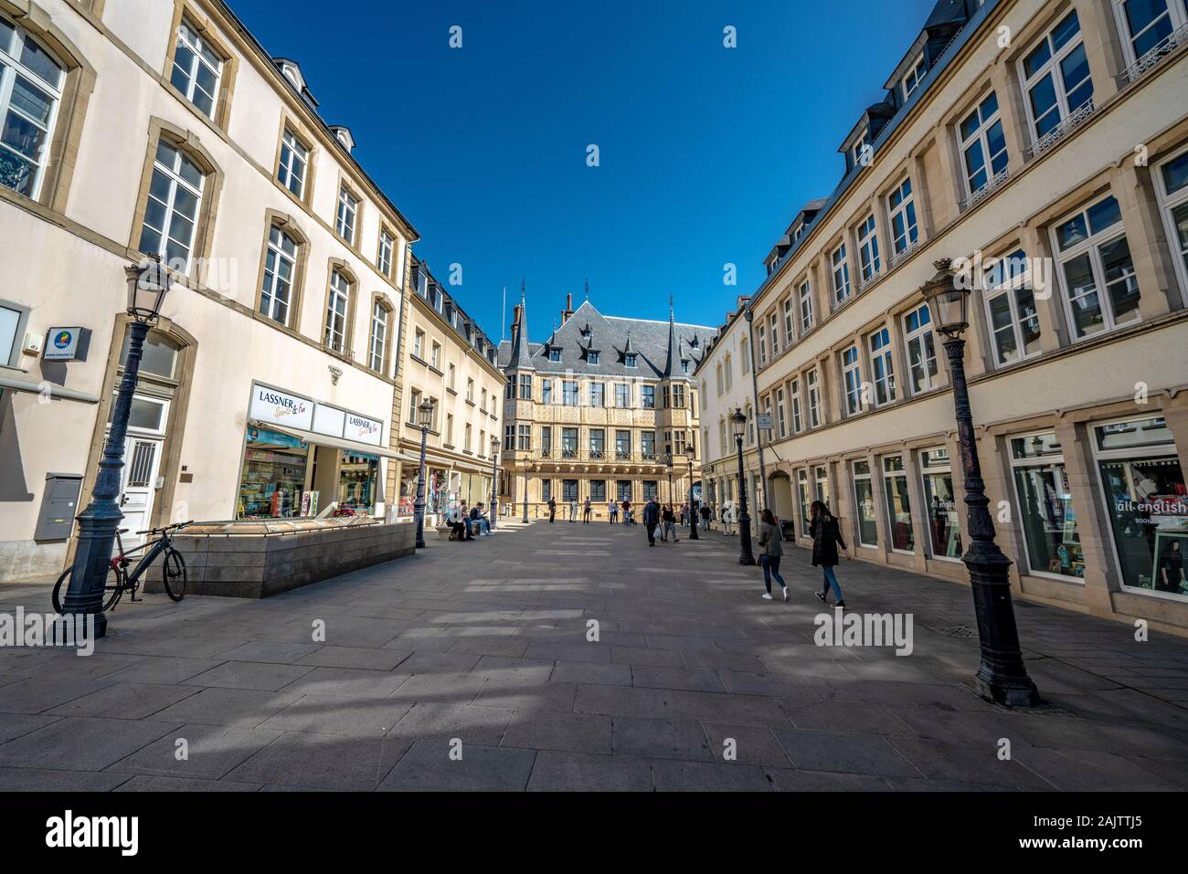 LUXEMBOURG CITY, LUXEMBOURG - SEPTEMBER 21: This is a city street with traditional architecture in Ville Haute, the old historic quarter on September Stock Photo