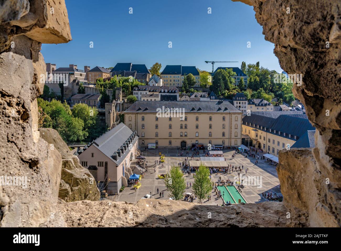 LUXEMBOURG CITY, LUXEMBOURG - SEPTEMBER 21: This is a view of the town square at Notre Dam Cathedral and the historical old quarter of Ville Haute on Stock Photo