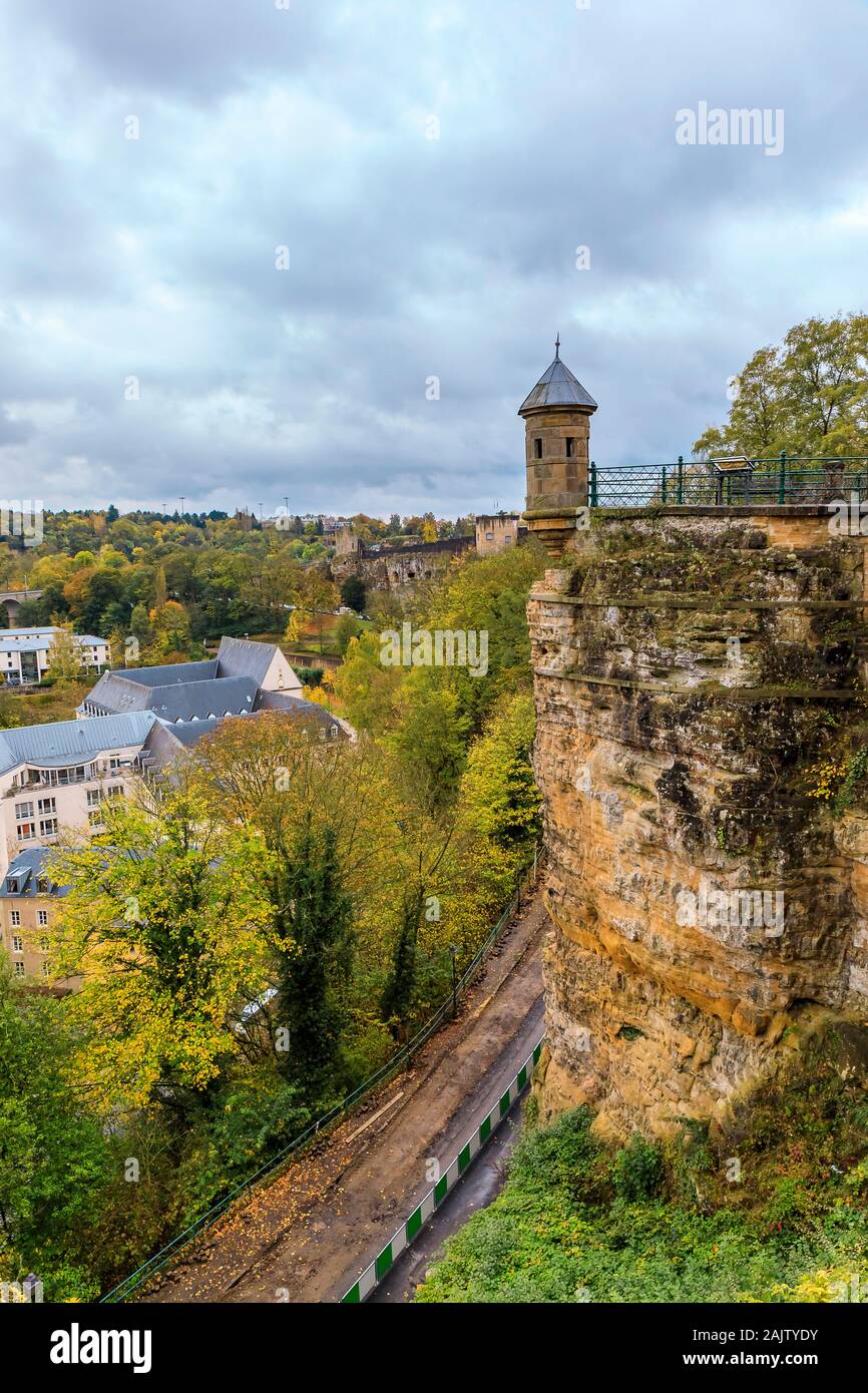Spanish Turret by the Three Towers, historic 17th century monument built by the Spaniards in Luxembourg, UNESCO World Heritage Site above the Grund Stock Photo