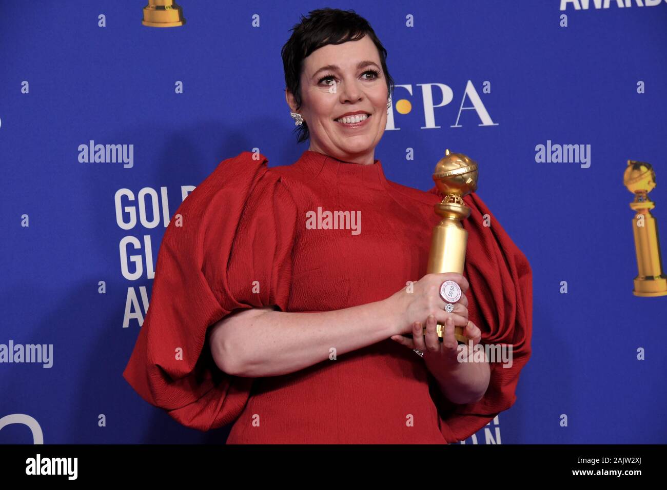 Los Angeles, California, USA. 05th Jan, 2020. Olivia Coleman in the press room after winning the award for Best Performance by an Actress in a Television Series - Drama for The Crown in the press room at the 77th Golden Globe Awards held at The Beverly Hilton Hotel on January 5, 2020 in Beverly Hills, CA. (Photo by Sthanlee B. Mirador/Sipa USA) Credit: Sipa USA/Alamy Live News Stock Photo