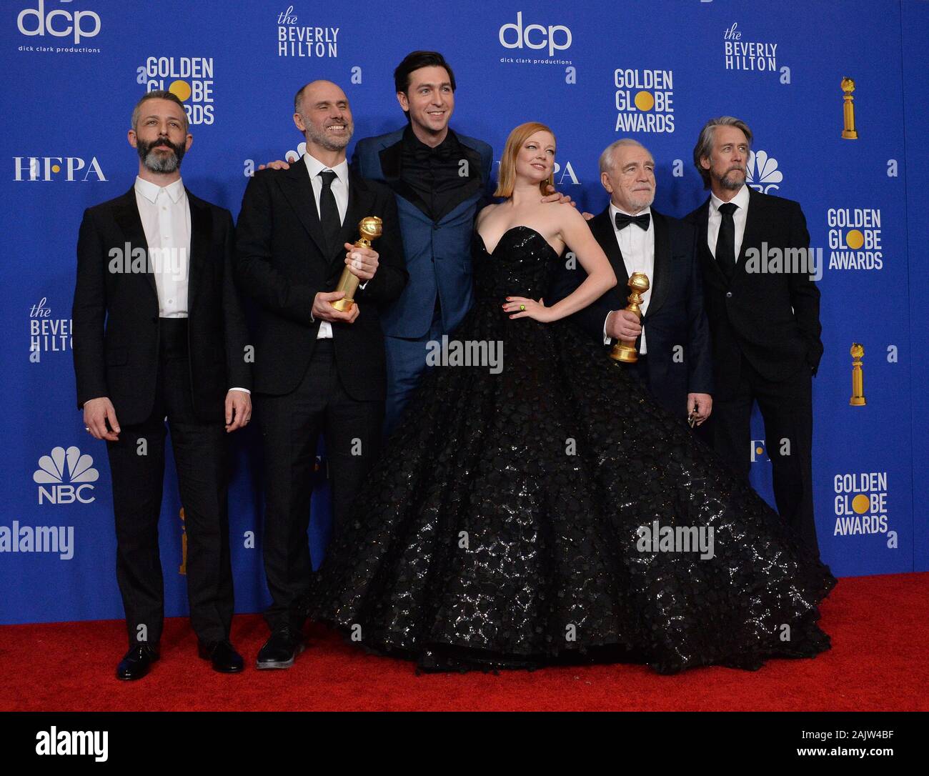Beverly Hills, United States. 05th Jan, 2020. (L-R) Nicholas Braun, Jeremy Strong, Sarah Snook, Brian Cox, and Alan Ruck appear backstage during the 77th annual Golden Globe Awards, honoring the best in film and American television of 2020 at the Beverly Hilton Hotel in Beverly Hills, California on Sunday, January 5, 2020. Photo by Jim Ruymen/UPI Credit: UPI/Alamy Live News Stock Photo